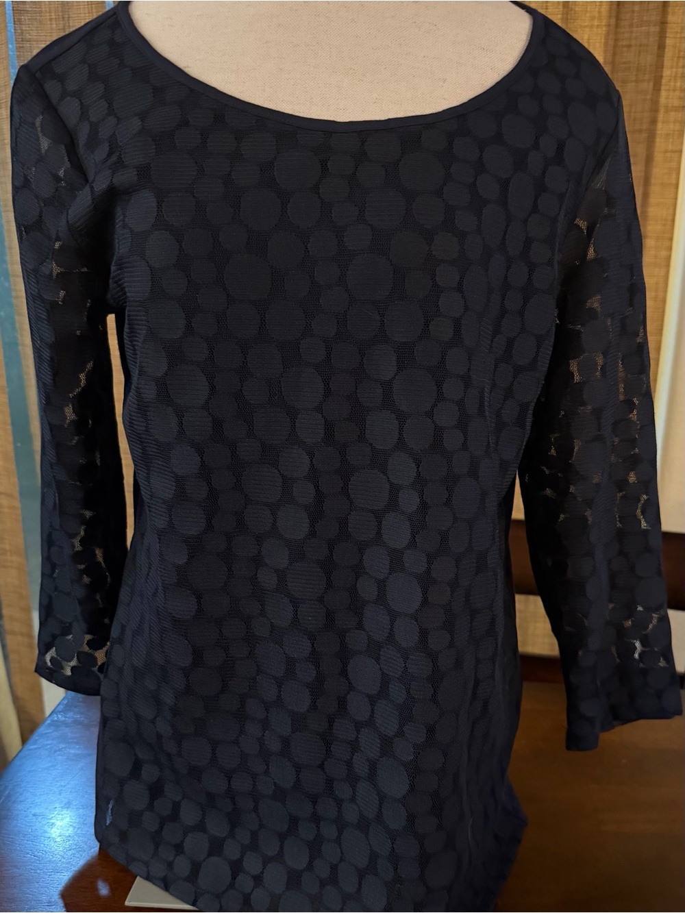 Talbots Black Lace Textured Sheer Sleeve Top